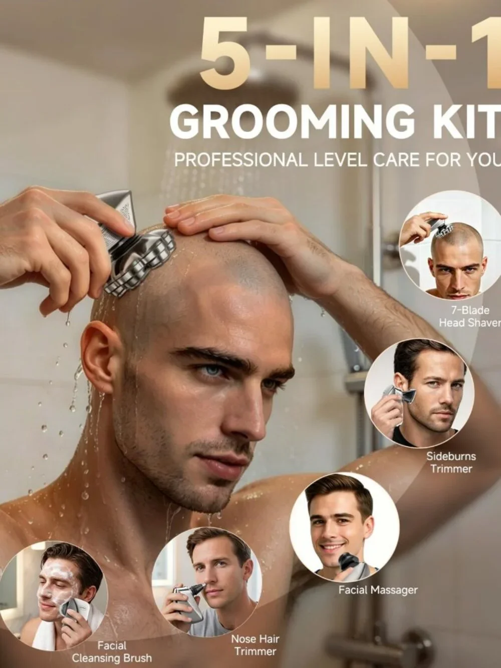 7D Floating Head Bald Shaver & 5-in-1 Grooming Kit, Waterproof, Travel-Ready